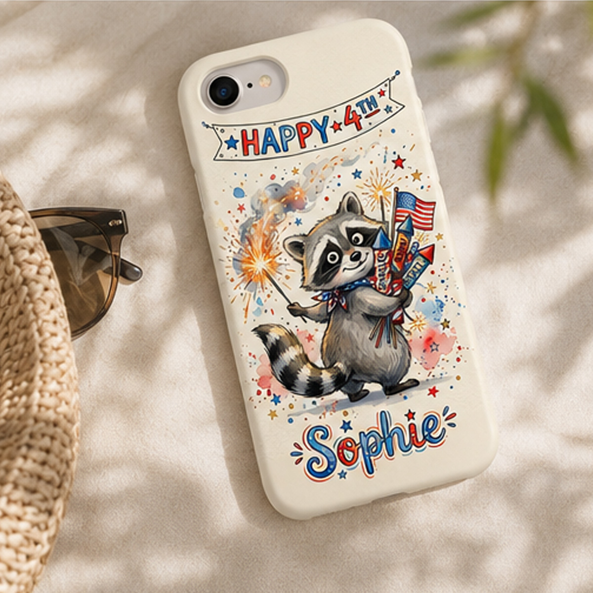Personalized “Happy 4th” Raccoon Phone Case – Custom Name Patriotic Independence Day Cover