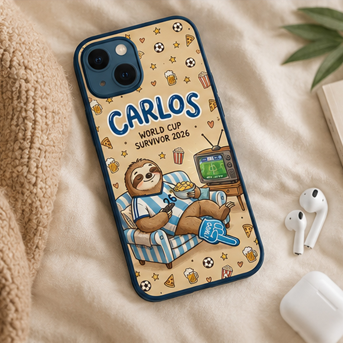 Personalized World Cup Survivor Phone Case – Custom Name & Jersey Sloth Soccer Fan Cover