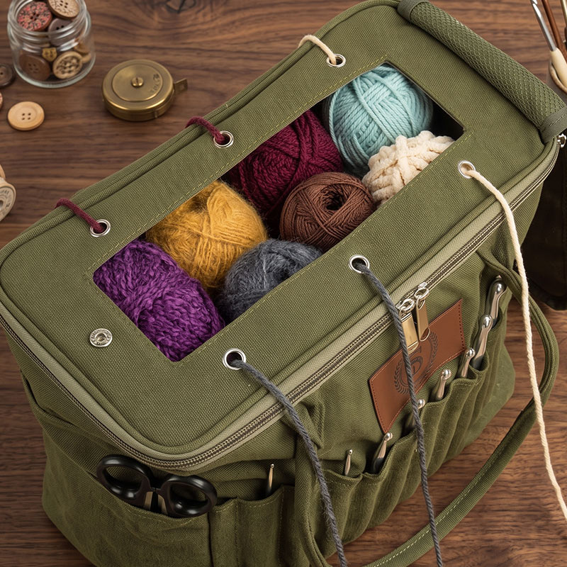 Personalized Monogram Large Canvas Yarn Storage Bag with Needle Pockets and Handle Crochet Knitting Accessories Birthday Gift for Craft Lovers