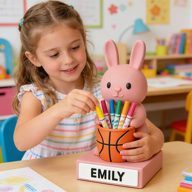 Personalized Basketball Bunny 3D Printed Pen Holder with Custom Name for Kids and Students