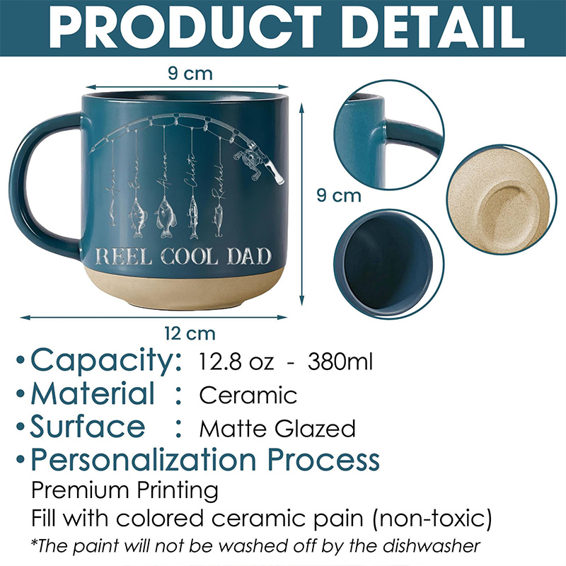 Personalized Engraved Reel Cool Dad Fishing Pottery Mug Fisher Grandpa Mug Reel Cool Papa Mug With Kids Name Fishing Lover Gift