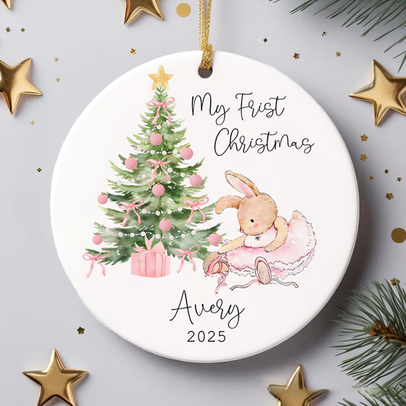 Personalized Bunny with Christmas Tree Baby's First Christmas Ornament