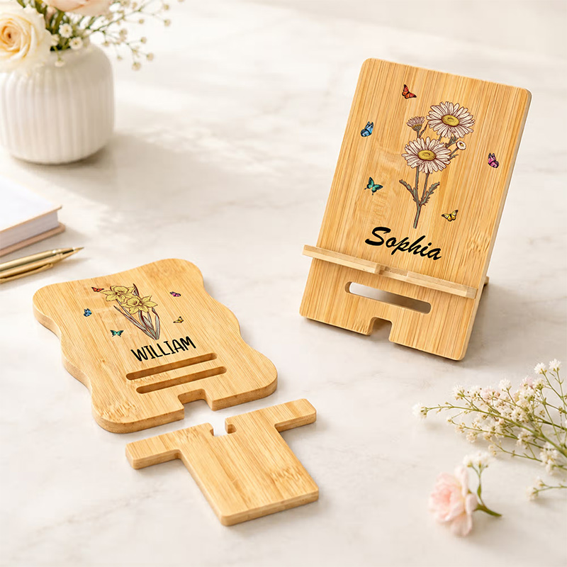 Personalized Retro Birth Flower Butterfly Wooden Phone Holder with Name Custom Grandma Mom Phone Holder Office Home Daily Use Birthday Gift for Family