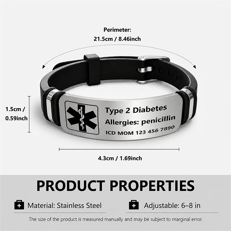 Personalized Star of Life Adjustable Medical Alert Bracelet with ID Name Tag and QR Code Daily Wear Travel Medical Gift for Patients Family