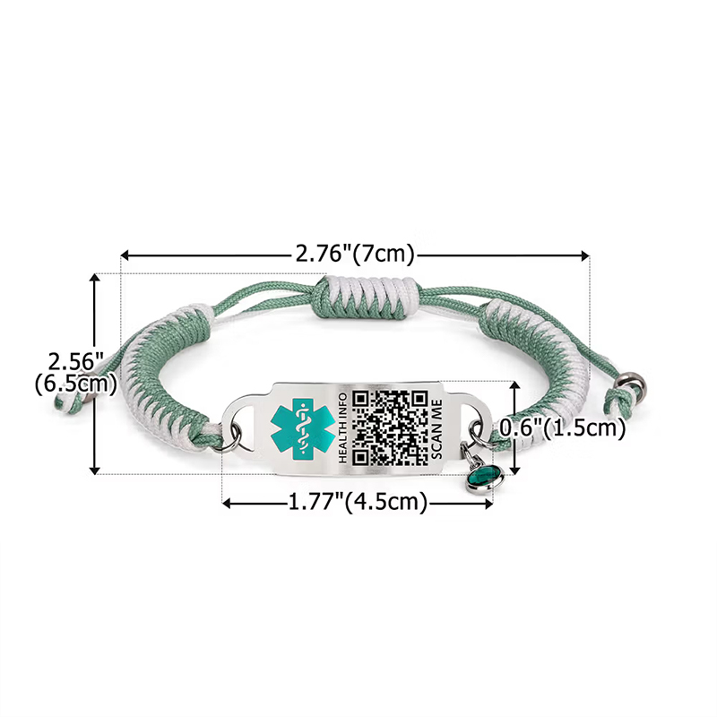 Personalized Adjustable Rope QR Code Medical Alert ID Bracelet with Birthstone and Text Emergency Gift for Diabetes Allergy Epilepsy Patient Family Gift