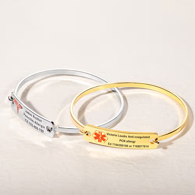 Personalized Engraved Star of Life Medical Symbol Emergency Alert ID Bangle Bracelet with Text Gift for Family Friend with Diabetic Allergy Autism