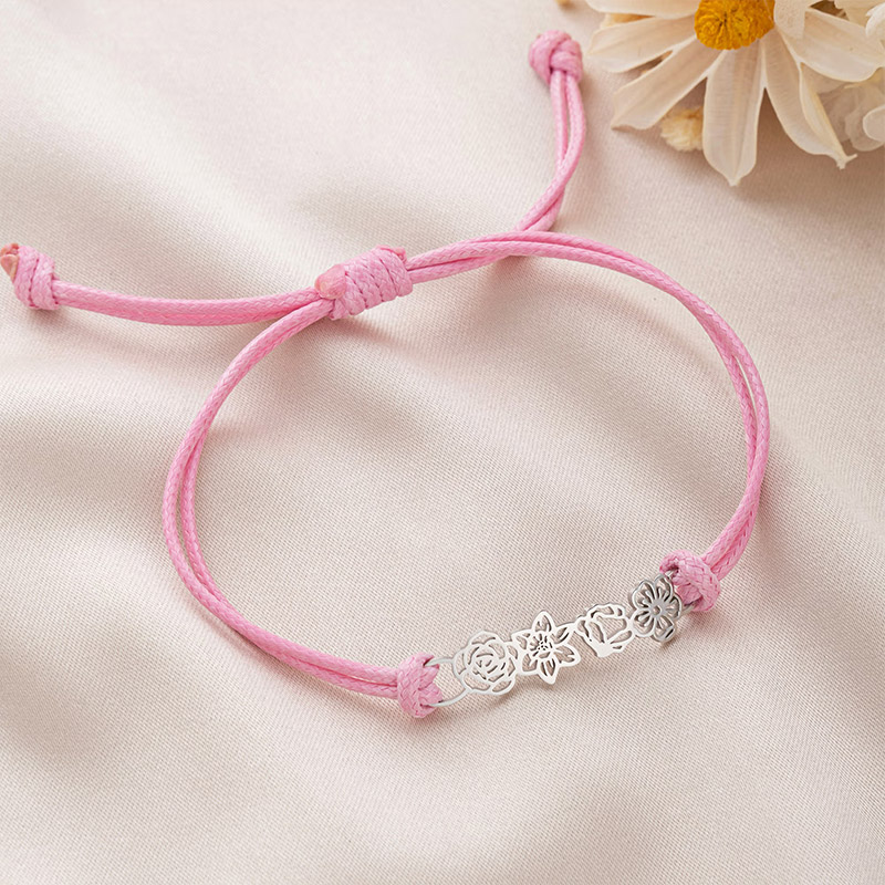 Personalized Minimalist Adjustable 1-8 Birth Flower Waxed Line Bracelet Charm Jewelry Birthday Mother's Day Christmas Gift for Family Mom Grandma Gift