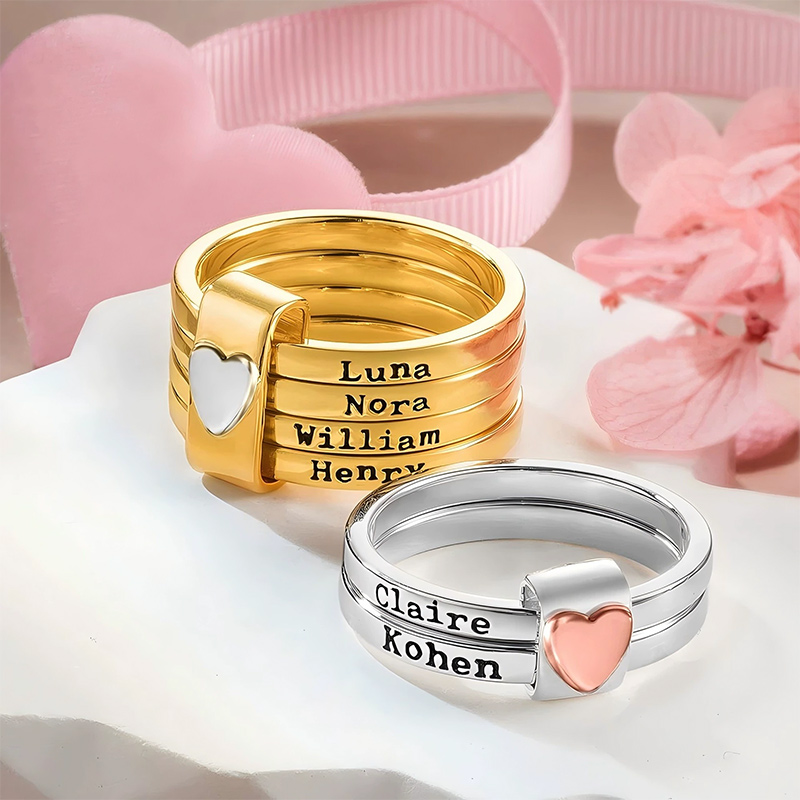 Personalized Sterling Silver Name Stacking Rings Custom Engraved 2-5 Bands with Heart Accent, Daily Wear Jewelry for Mom Grandma