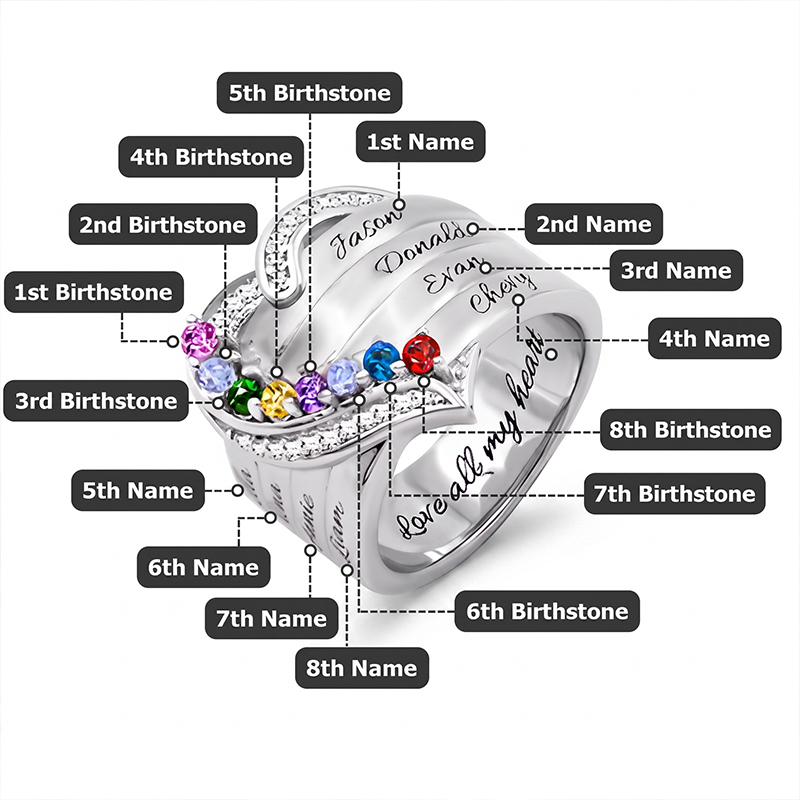 Personalized 1-8 Birthstones Heart Design Ring with Engraved Names Custom Family Jewelry Birthday Mother's Day Gift for Mom Grandma