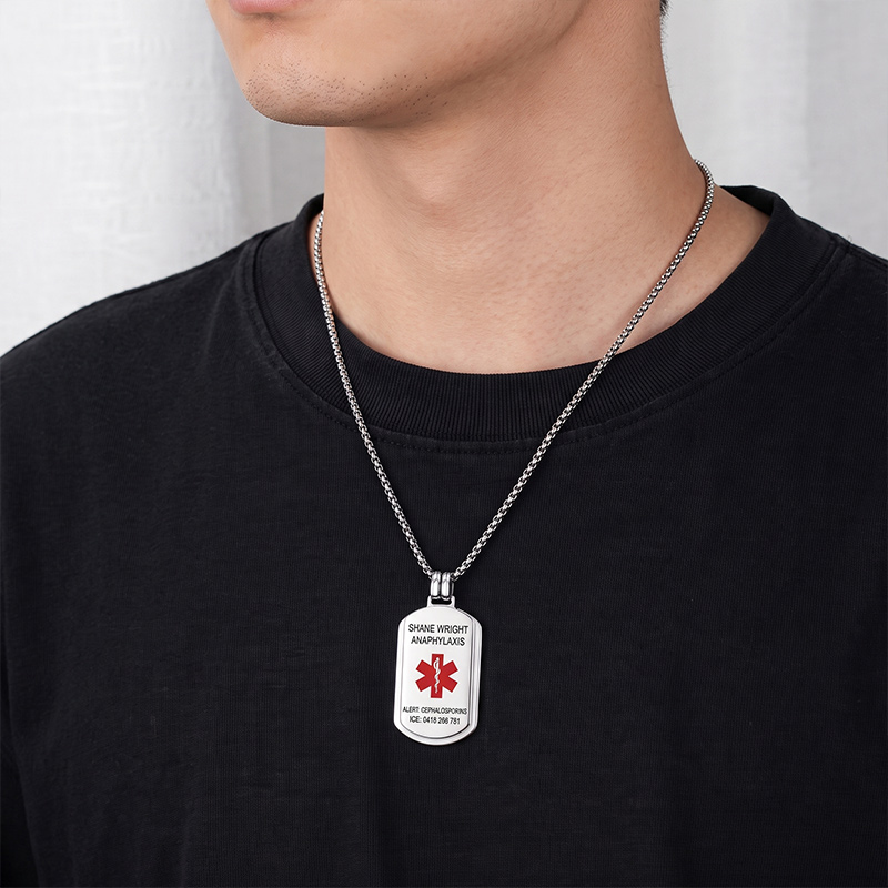 Personalized Identification Medical Alert Symbol ID Tag Necklace with Engraved Texts Emergency Survival Birthday Gift for Family Friends
