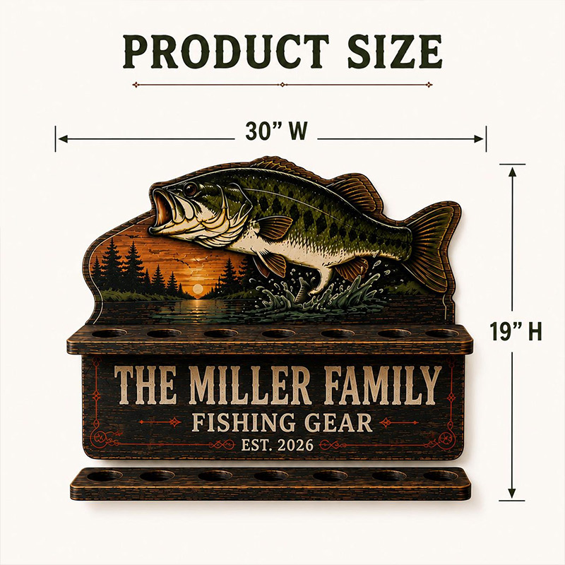 Personalized Bass Fishing Rod Holder Fishing Pole Rack Custom Fishing Gear Organizer Fisherman Gift for Dad Garage Cabin Wall Storage