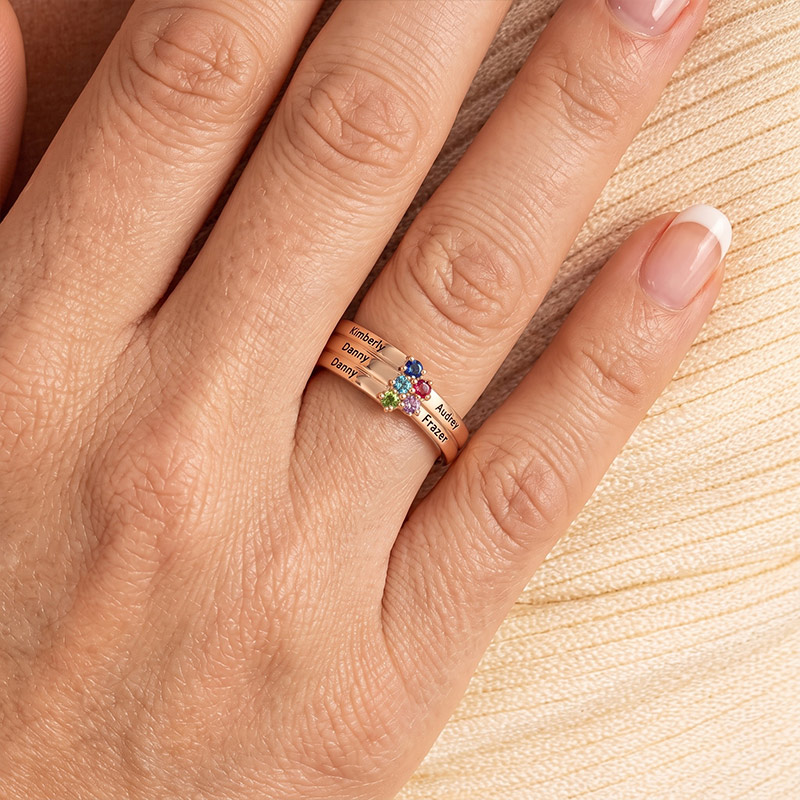 Personalized 1-8 Birthstones Ring with Engraved Name Dainty Women Jewelry Birthday Mother's Day Gift for Mom Grandma
