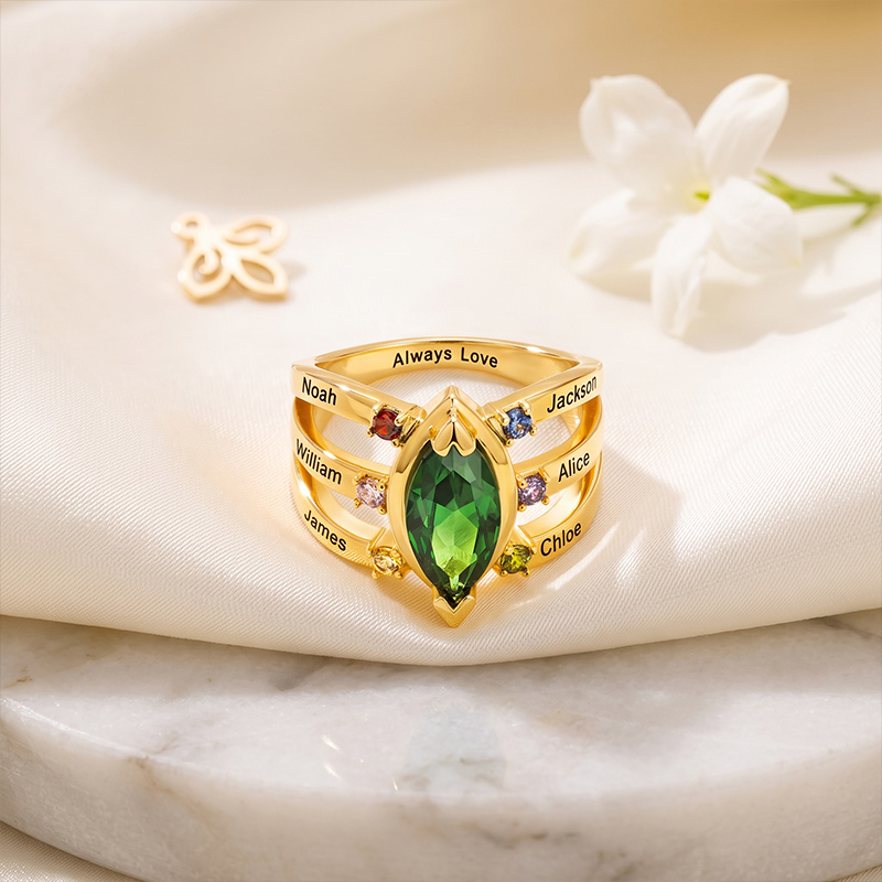 Personalized Dainty Birthstone Ring with Engraved Name Women Jewelry Birthday Mother's Day Gift for Mom Grandma