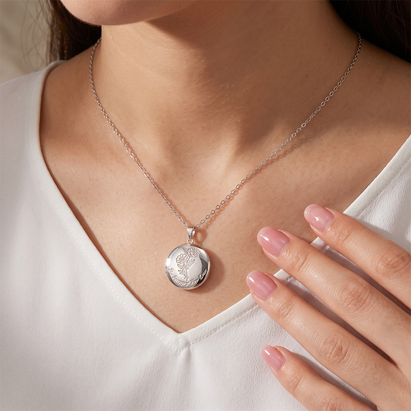 Personalized Birth Flower Photo Locket Necklace with Engraved Name Birthday Anniversary Gift for Women Mom Grandma Gift