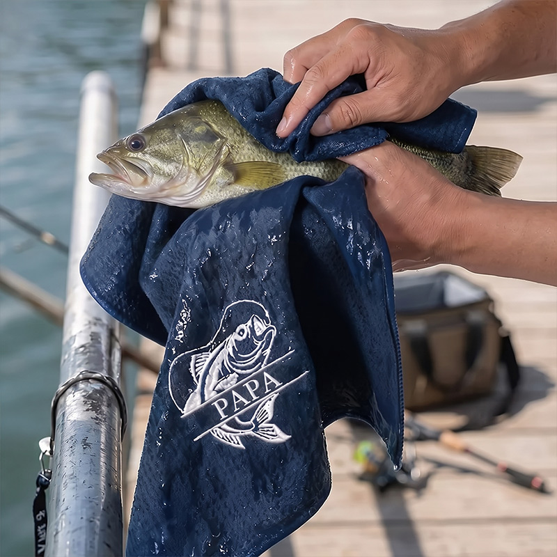Personalized Dad Fishing Waffle Towel Monogram Embroidery Waffle Towel with Name and Hanging Clip Birthday Gift for Dad Grandpa Fishing Enthusiasts
