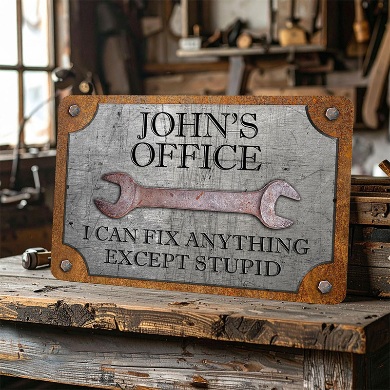 Personalized Workshop Sign Custom Garage Sign, Can't Fix Stupid Rust and Steel Design Birthday Gift for Dad Grandpa