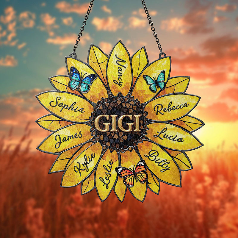 Personalized Sunflower Suncatcher Custom Family Names Stained Acrylic Window Art Gift for Mom Grandma Family
