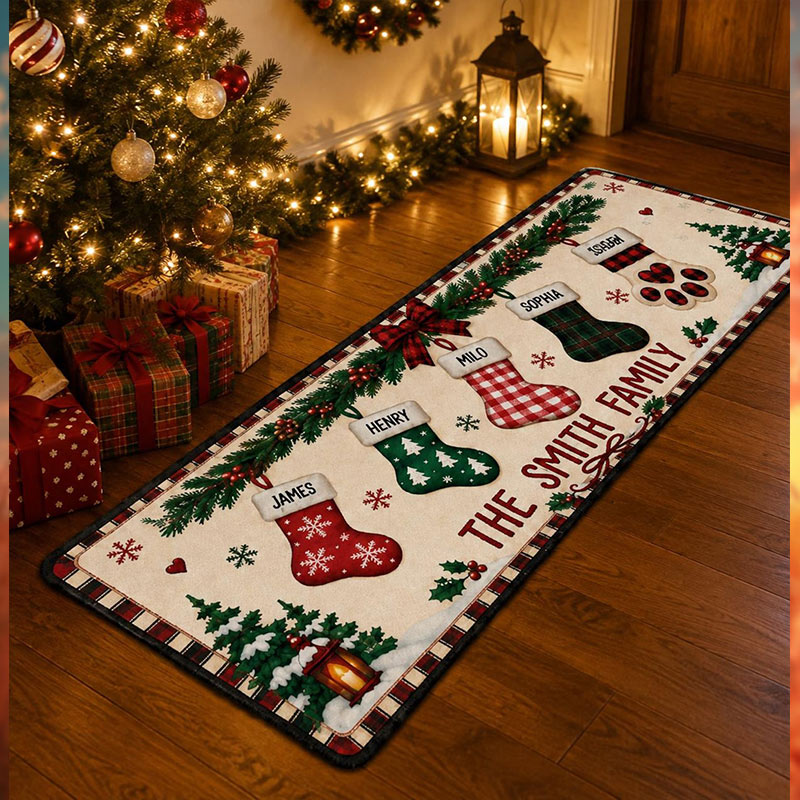 Personalized Christmas Family Runner Rug Custom Holiday Hallway Carpet Christmas Rug Stocking Rug Christmas Home Decor