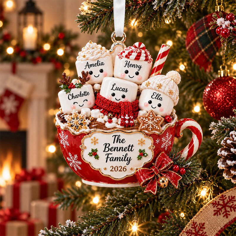 Personalized Family Christmas Ornament Hot Cocoa Marshmallow Keepsake Custom Name GIFT 2026 Holiday Tree Decor Family Gift for Parents