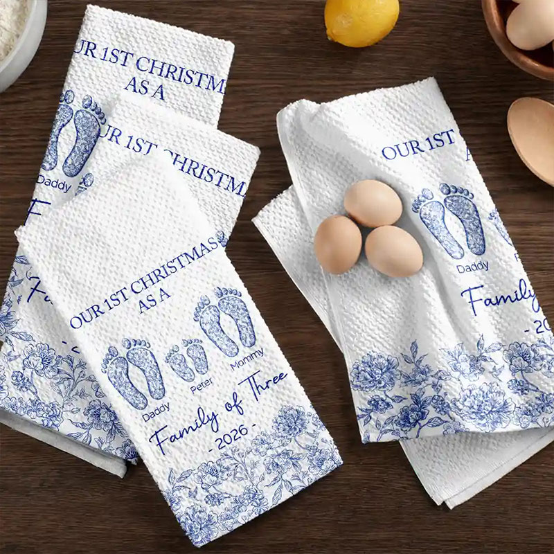 Personalized First Christmas As A Family Of Four Toile Footprints Kitchen Towel Custom Family Kitchen Towel Christmas Gift for Mom Dad Grandparents