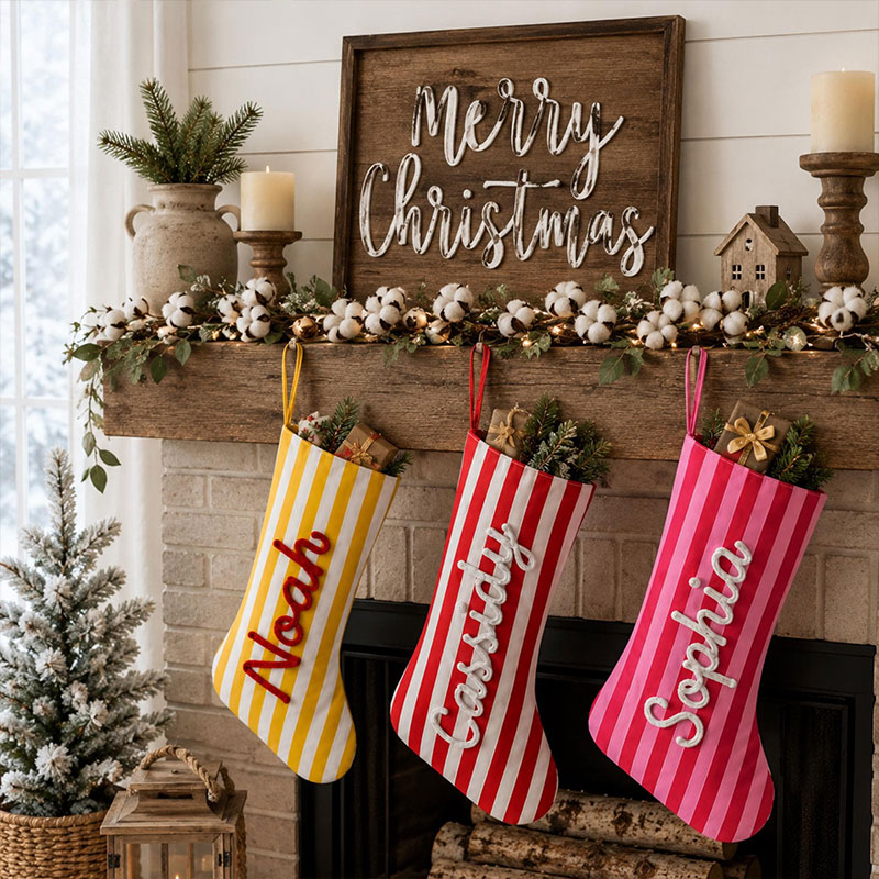 Personalized Christmas Stocking Custom Family Name Xmas Sock Striped Holiday Stocking Family Christmas Gift Boys Girls Stocking