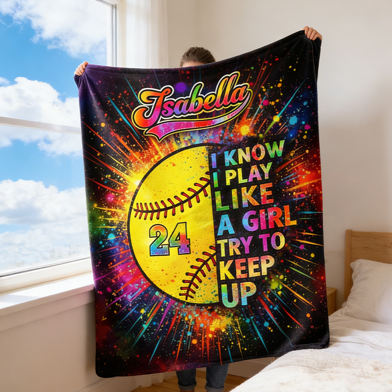 Personalized Softball Blanket with Custom Name and Jersey Number for Girls Who Love the Game