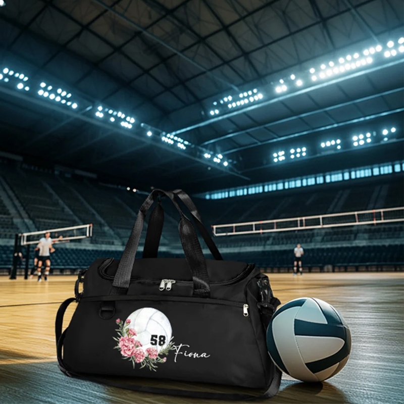 Personalized Volleyball Birth Flower Large Sport Duffle Bag with Shoe Compartment and Shoulder Strap Birthday Team Gift for Women Volleyball Lovers