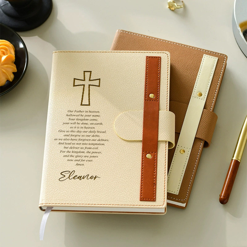Personalized Engraved Cross the Lord's Prayer Leather A5 Lined Notebook with Name and Pen Loop Birthday Christmas Gift for Christian