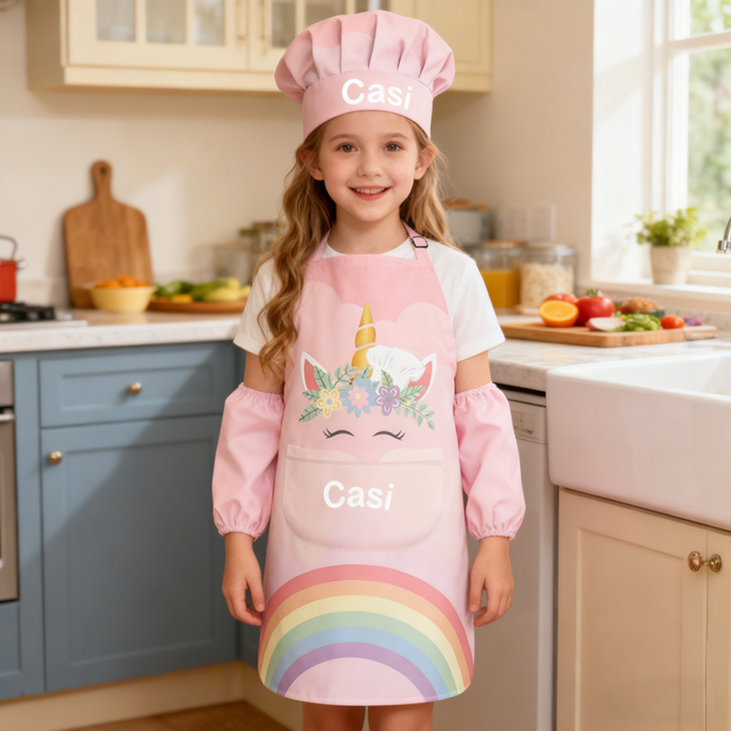 Personalized Colorful Gradient Cartoon Print Adjustable Kids Apron Set with Name and Pocket for Cooking Crafts Holiday Gift for Girls