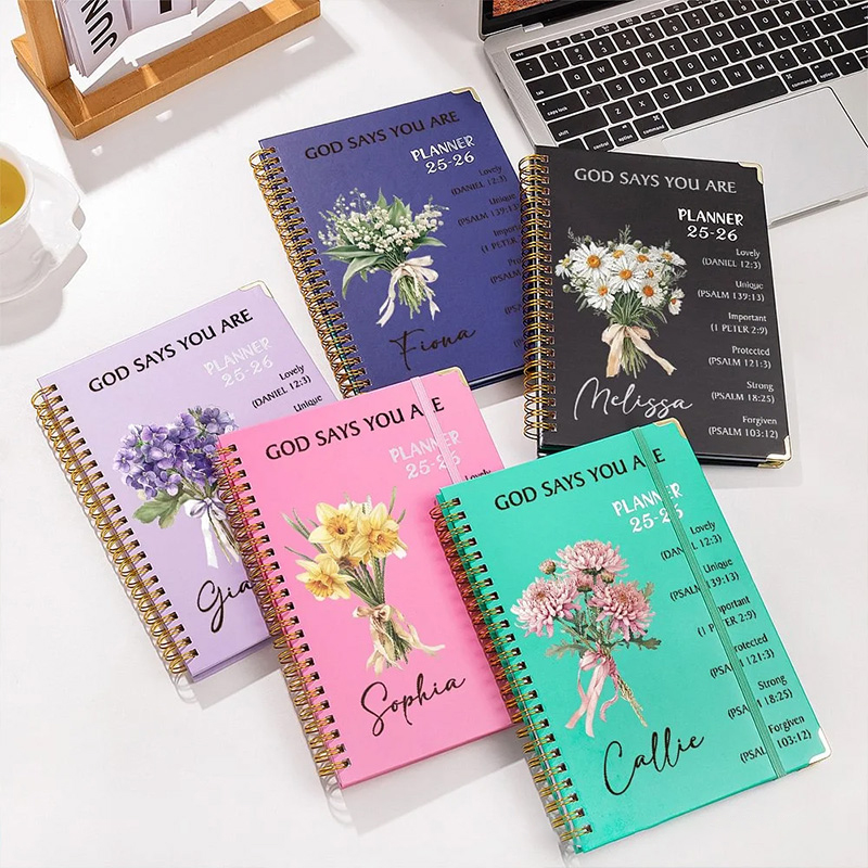 Personalized Flower Bouquet Bible Verse Planner 25-26 Spiral A5 Notebook with Name Birthday Gift Religious Gift for Christian