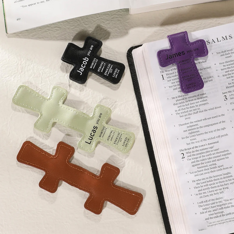 Personalized Inspirational Bible Verses Cross PU Leather Magnetic Bookmark Clip First Communion Baptism Back to School Gift for Christians Bookworms