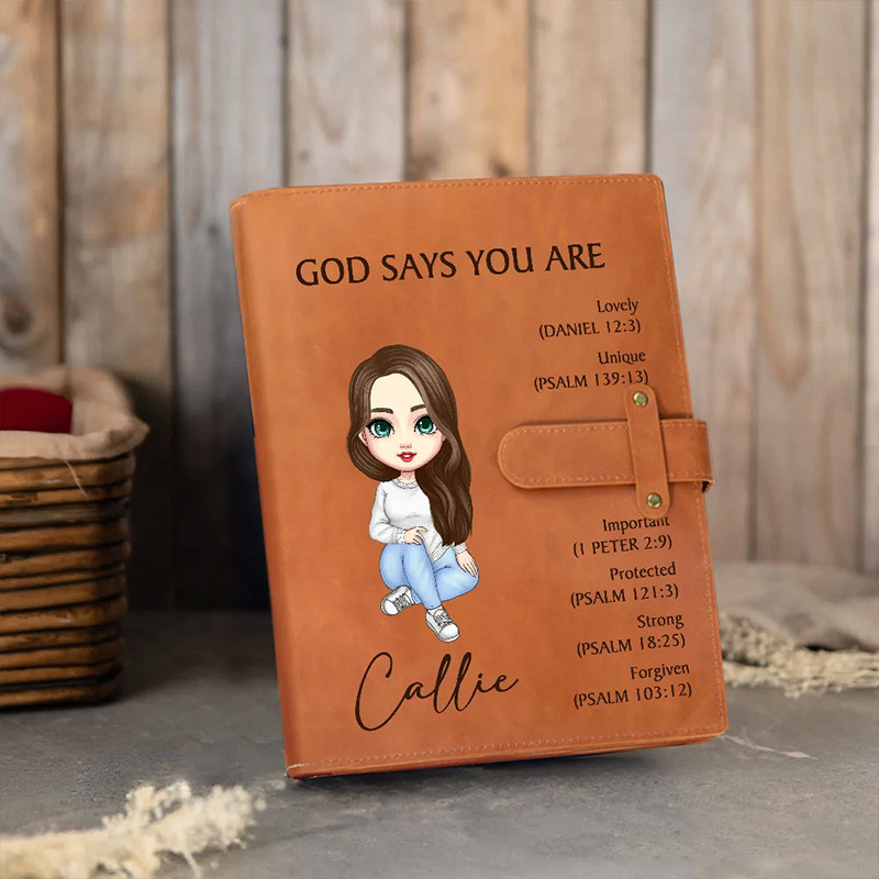 Personalized God Says You Are Cartoon Character A5 Leather Notebook Cover with Name Birthday Baptism Gift for Christian