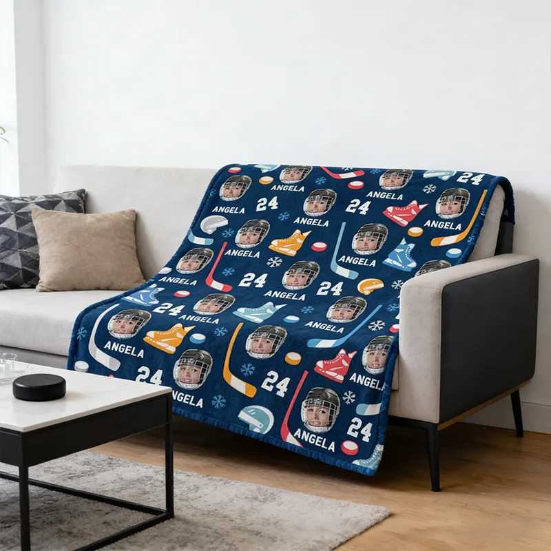 Personalized Ice Hockey Blanket with Custom Photo, Name, and Number Design