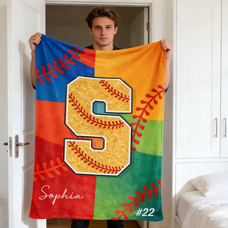 Personalized Glitter Softball Blanket with Name and Number for Baseball Girls