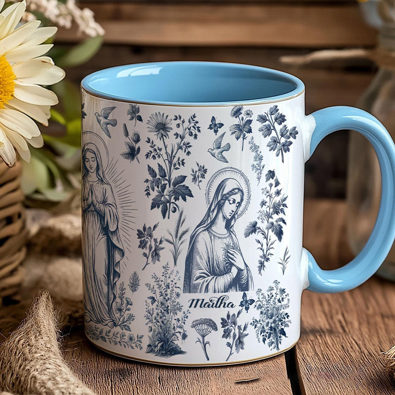 Personalized Catholic Virgin Mary Toile 11oz Ceramic Mug with Name Vintage Floral Catholic Marian Mug Our Lady Coffee Cup Christian Gift for Women