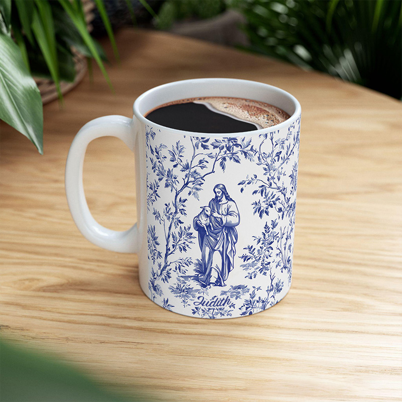 Personalized Jesus and Lost Lamb Blue Toile de Jouy 11oz 15oz Ceramic Mug with Name French Toile Coffee Cup Religious Gift for Women Faith Tea Cup