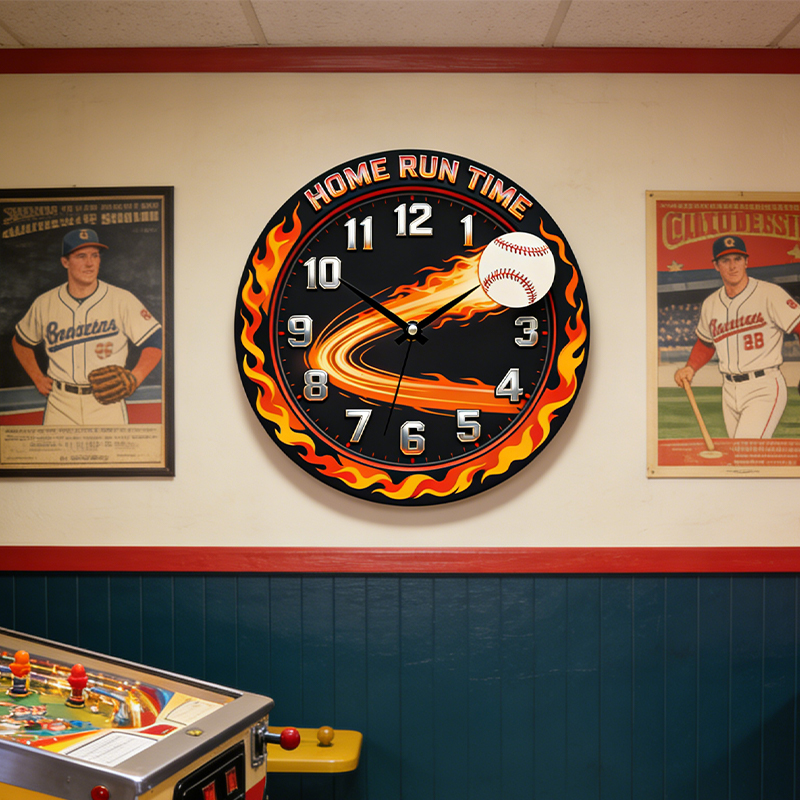 Personalized Home Run Time Clock with Fiery Baseball Design for Baseball Enthusiasts
