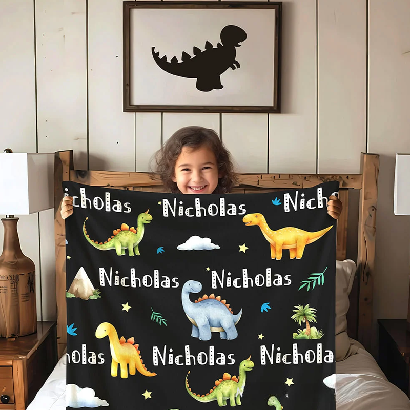 Personalized Dinosaur Themed Soft Throw Blanket with Name Birthday Baby Shower Back To School Gift for Boys Girls