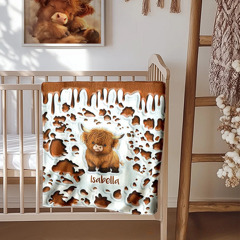 Personalized Cute Highland Cow Soft Throw Blanket Baby Swaddle Hat Set with Name Home Decor Anniversary Birthday Gift for Family Baby