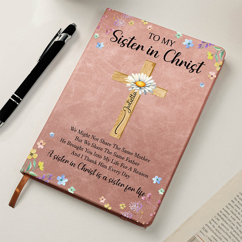 Personalized to My Sister in Christ Cross Prayer Journal Leather A5 Notebook with Name & Birth Flower Birthday Religious Gift for Women Christian