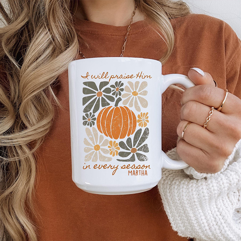 Personalized Boho Fall Mug Pumpkin Psalm Bible Verse Ceramic Mug with Name Floral Thanksgiving Coffee Cup Fall Host Gift Christian Thanksgiving Gift