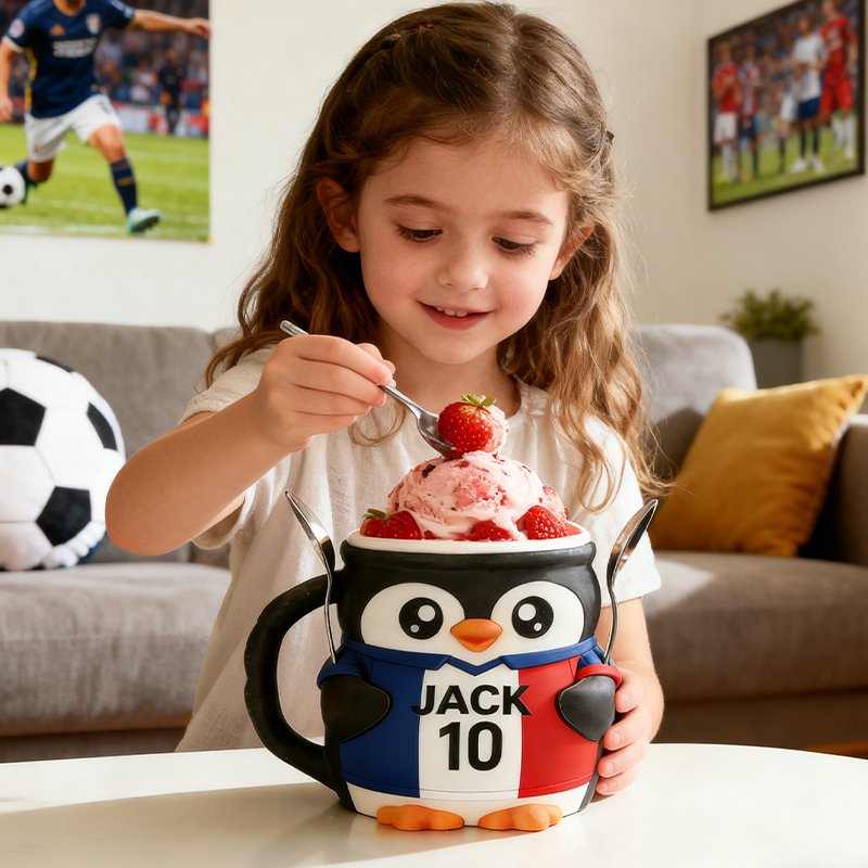 Personalized Soccer World Cup Penguin Ice Cream Pint Holder 3D Printed with Spoon Slots & Snack Drawer with Custom Details for Soccer Fans