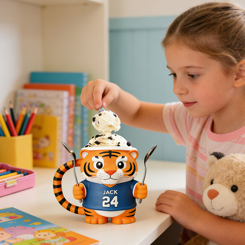 Personalized Tiger Baseball Mascot Ice Cream Pint Holder 3D Printed with Spoon Slots & Snack Drawer Custom Detail for Kids and Baseball Enthusiasts