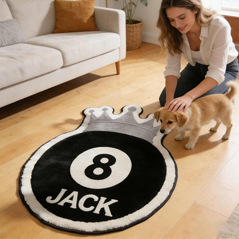 Personalized Billiards Rug with 8-Ball and Regal Crown Design and Custom Name for Pool Enthusiasts