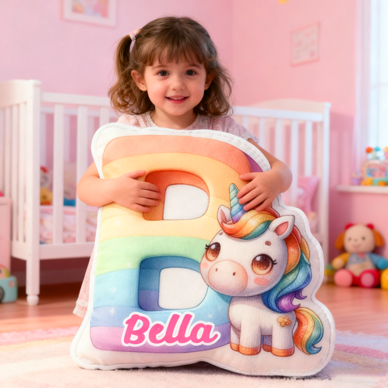 Personalized Cartoon Pink Dream Horse Initials with Name Graphic 3D Print Pillow Christmas Gift for Kids 
