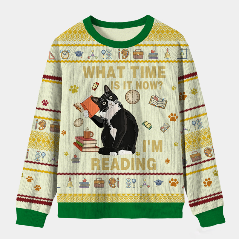 Personalized Book Loving Cat Reading Time Ugly Sweater Holiday Gift for Book Lovers