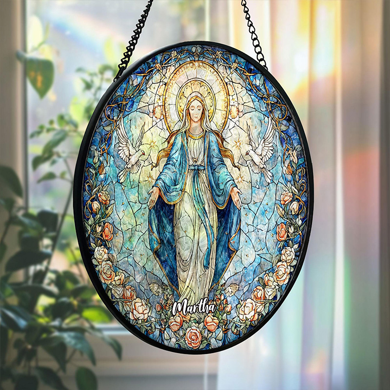 Personalized Virgin Mary Stained Glass Suncatcher Ornament with Name Our Lady of Grace Round Window Hanging Blue Rose Halo Home Decor Catholic Gift