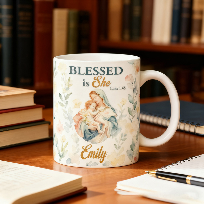 Personalized Blessed is She 11oz 15oz Ceramic Mug with Name Virgin Mary holding Baby Jesus Coffee Mug Watercolor Floral Cup Religious Gift for Her