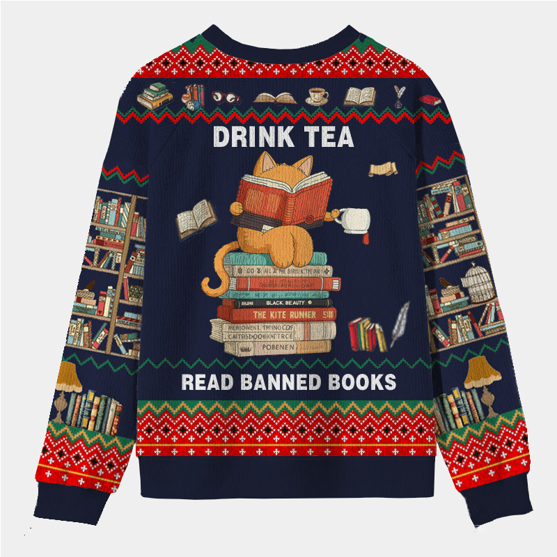 Personalized Rebel Reader Tea Time Ugly Sweater Holiday Gift for Book Lovers