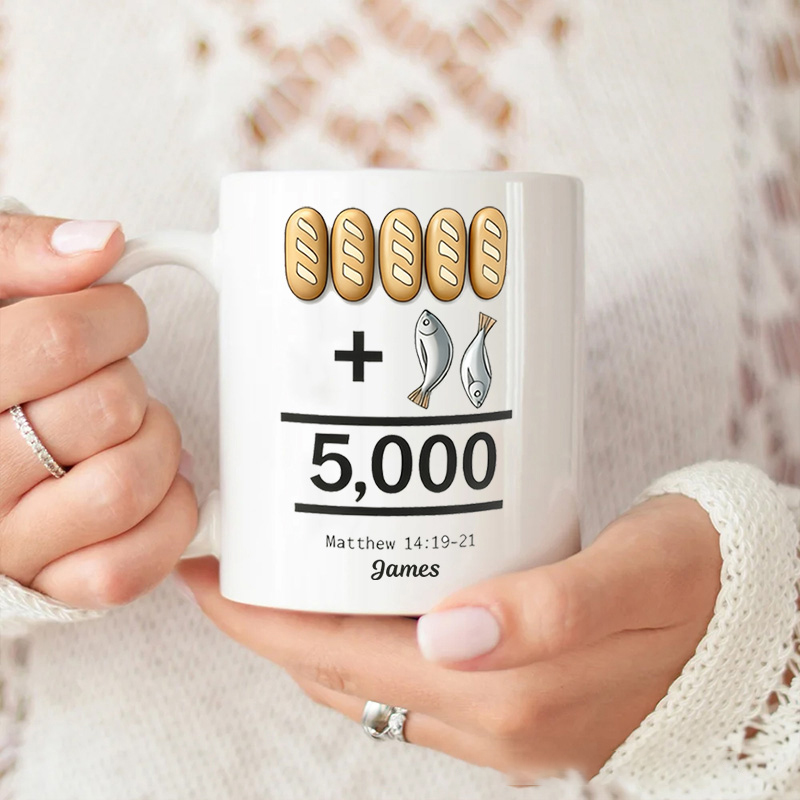 Personalized Five Loaves of Bread and Two Fish Ceramic Mug with Name Jesus Encouragement Coffee Mug Religious Christian Gift